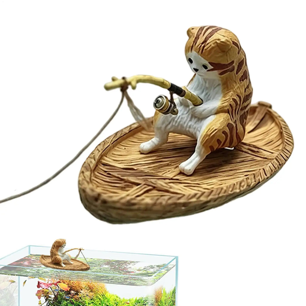 Fish Tank Decorations Creative Cat Fishing Boat Aquarium Ornament Resin Kitten Fishing Fish Tank Decor Garden Pond Landscaping Oasis Select