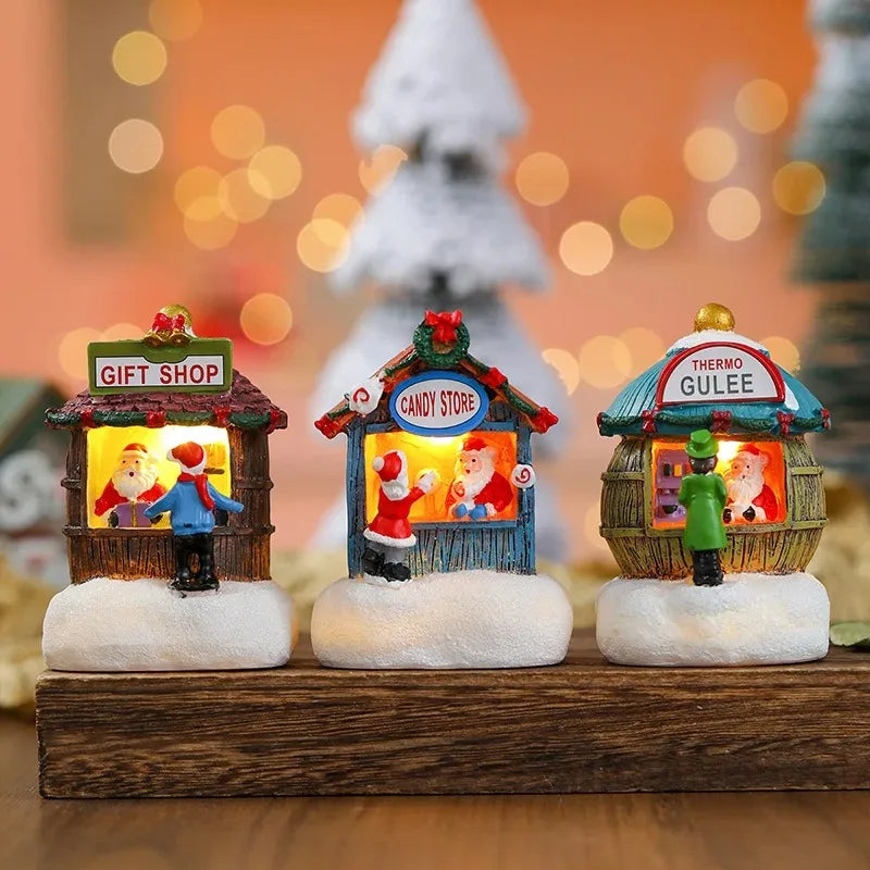 Christmas Snowman Luminous Decoration Resin Santa Claus Shop Micro Landscape Ornaments Christmas LED House Pine Needles Snow Oasis Select