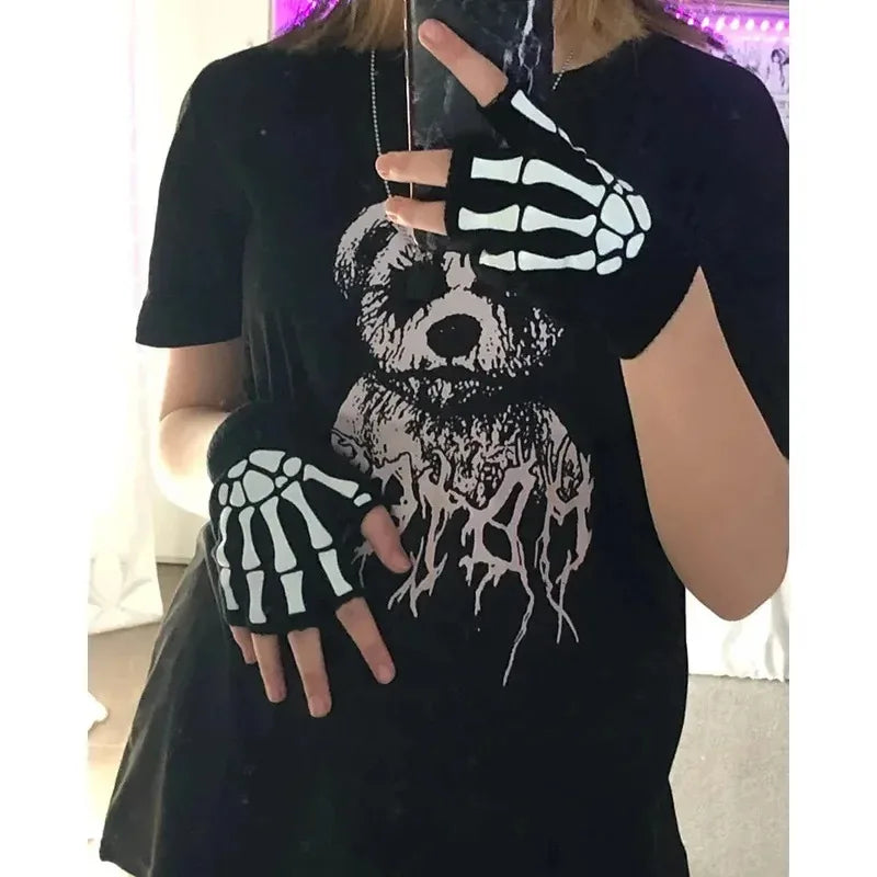 1-10pairs New Adult Cosplay Halloween Skeleton Skull Half Finger Punk Gloves Glow in the Dark Fingerless Stretch Knitted Mittens Oasis Select