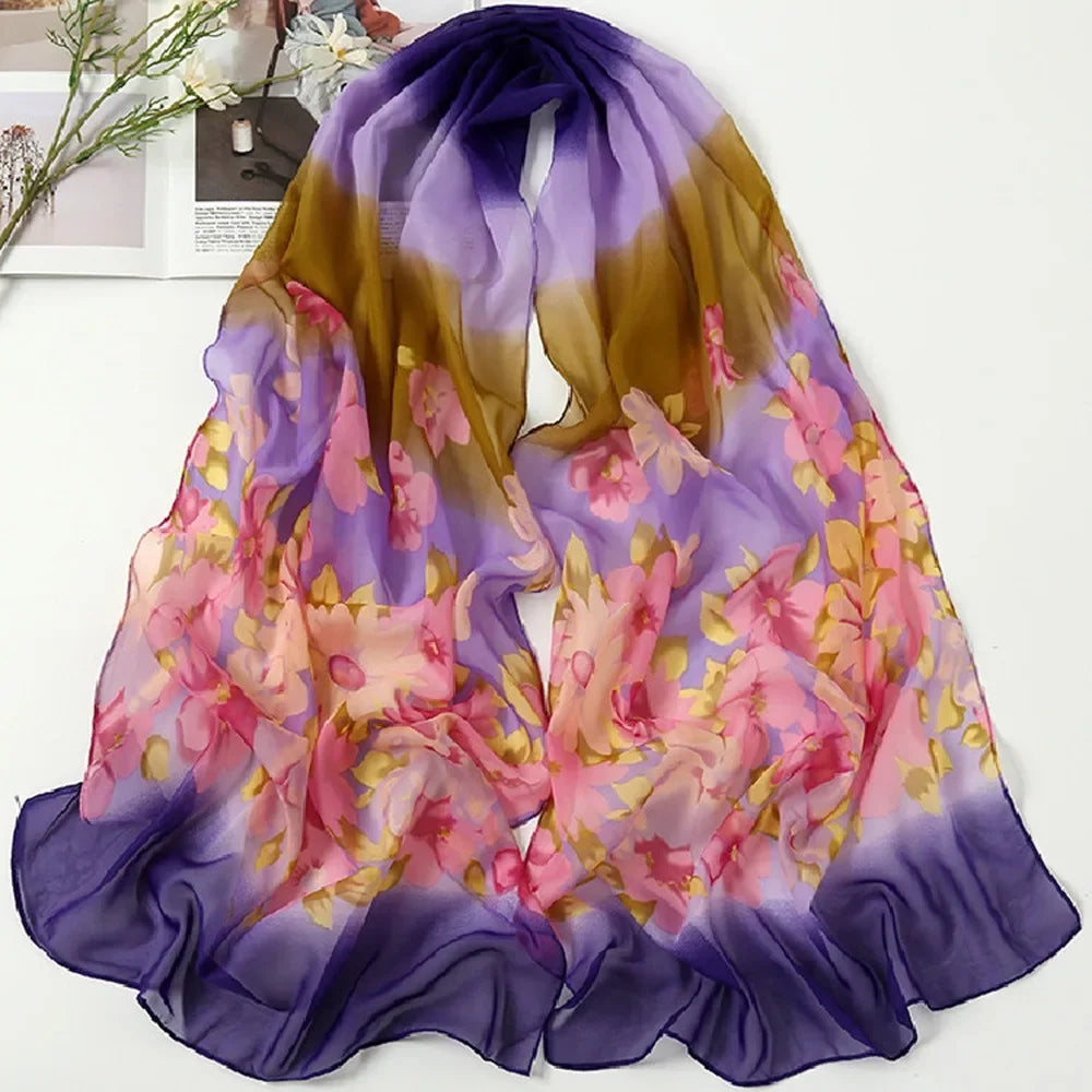 Elegant 160*50cm Chiffon Scarf Sunscreen Gradient Shawl Silk Flower Print Washable Beach Gauze Scarf for Women Oasis Select 13