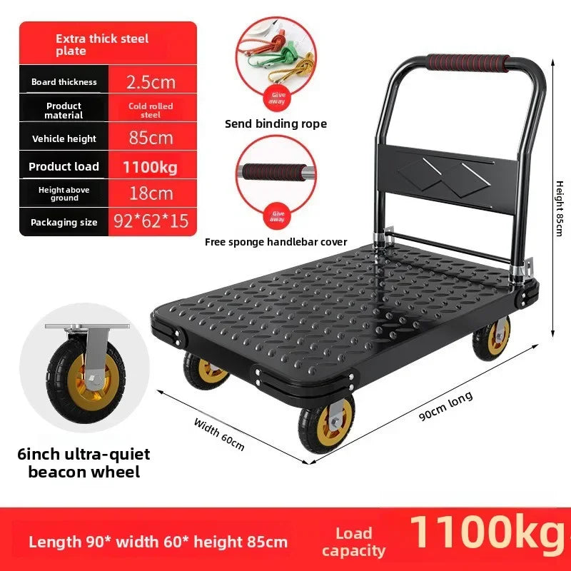Steel plate pulling trolley trolley trolley handling thickened foldable portable silent trailer pulling flat truck Oasis Select