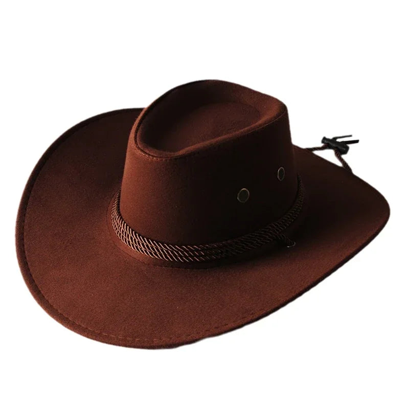 Western Cowboy Hat Vintage Wide Brim, Sun Protection Outdoor Hat for Riding Camping Hiking, Solid Color Jazz Basin Hat Oasis Select Dark Brown
