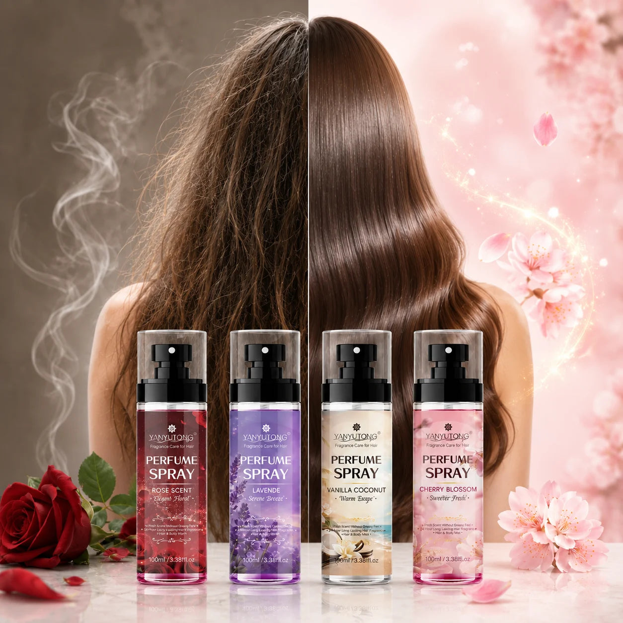 Four scented spray options for hair care, featuring long-lasting fragrance, moisturizing and nourishing properties, and a silky, Oasis Select
