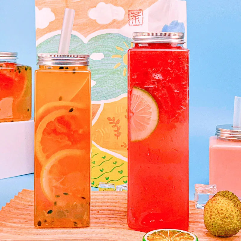 10 Pack 500ml Square Clear PET Bottles with Lids & Straws, Reusable Leakproof Cups for Milk Tea Juice Takeout Party Celebrations Oasis Select