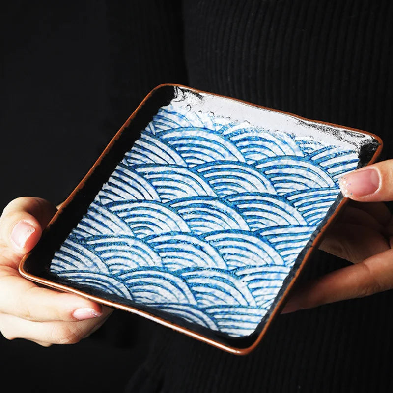 Japanese Wave Pattern Ceramic Sushi Plate Retro Steak Dish Sushi Dinner Plate Tableware Oasis Select
