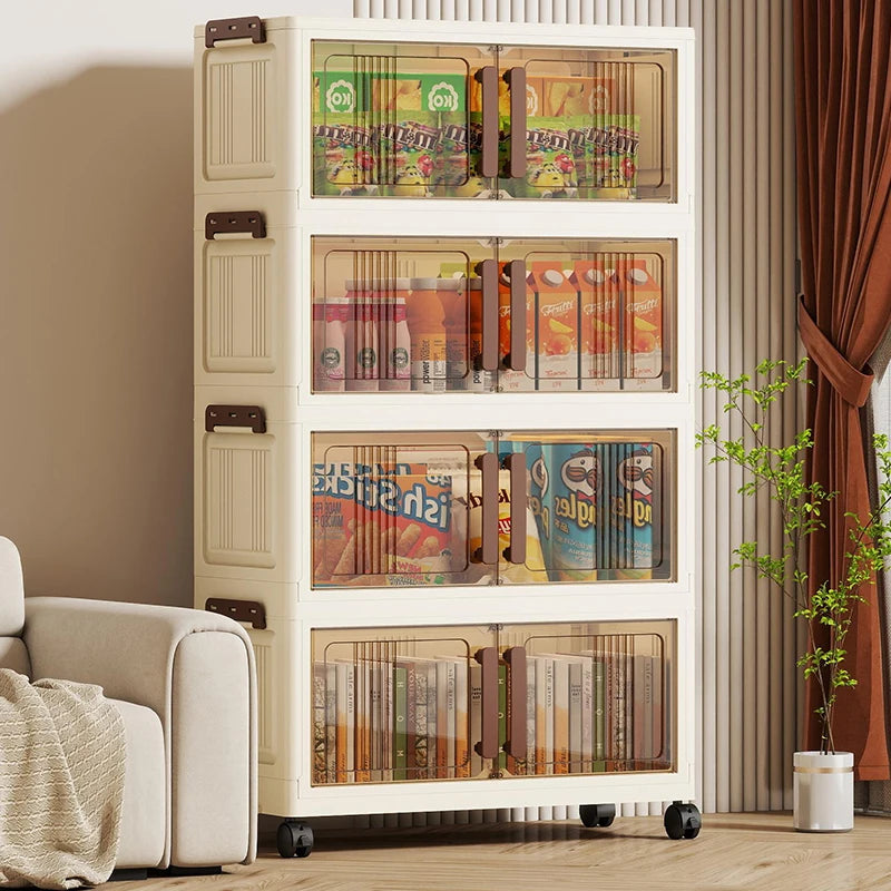 Foldable storage cabinet - movable multi-level double-door storage cabinet - living room and kitchen transparent storage box Oasis Select
