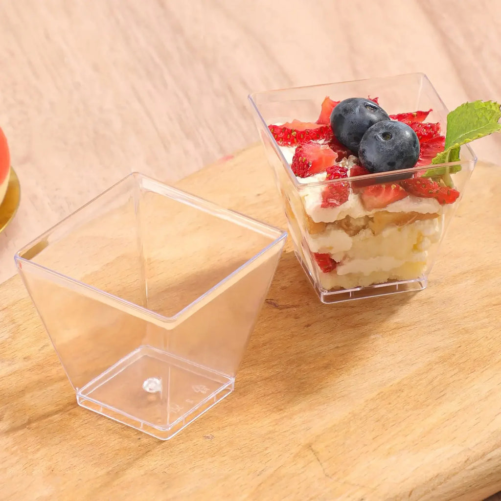 50pc Disposable Plastic Mousse Cup Ladder Shaped Cup Pudding Cup Mini Square Clear Plastic Dessert Cups Yogurt Mousse Baking Oasis Select