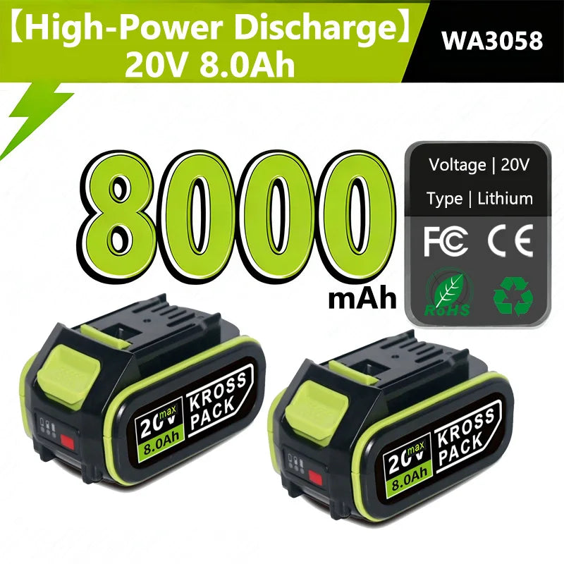WORX 20V High-Capacity Li-Ion Rechargeable Battery 6.0Ah/8.0Ah Compatible with WA3551 WA3551.1 WA3553 WA3641 WX373 WX390 Tools Oasis Select
