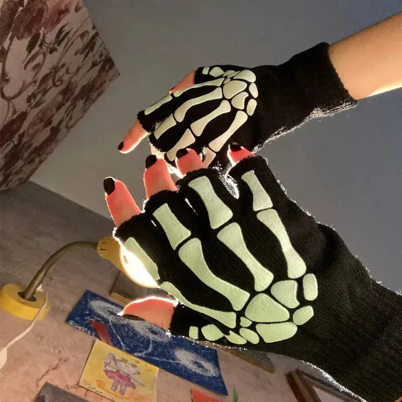 1-10pairs New Adult Cosplay Halloween Skeleton Skull Half Finger Punk Gloves Glow in the Dark Fingerless Stretch Knitted Mittens Oasis Select