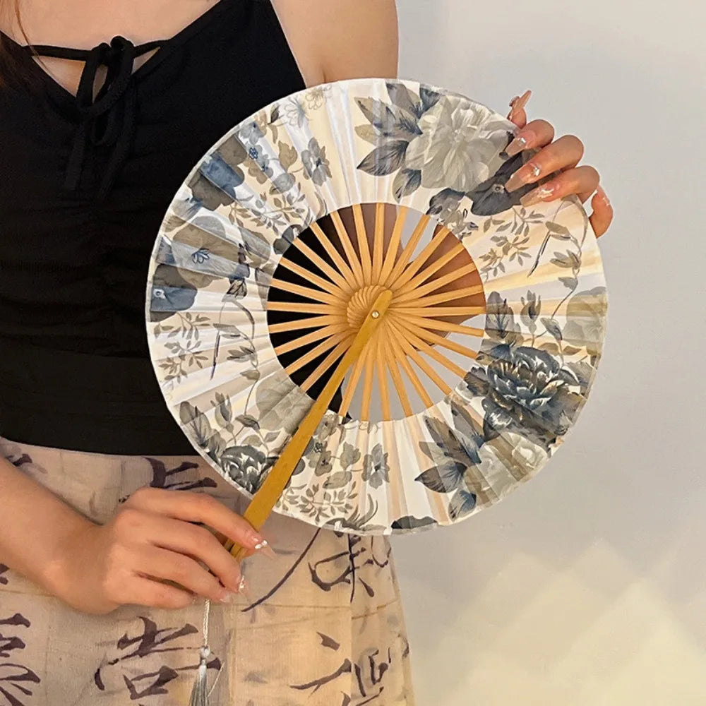 Chinese Style Hand Fold Fan Silk Bamboo Silk Flower Folding Fan Dance Props Tassel Elegent Retro Classical Dance Fan Oasis Select 1