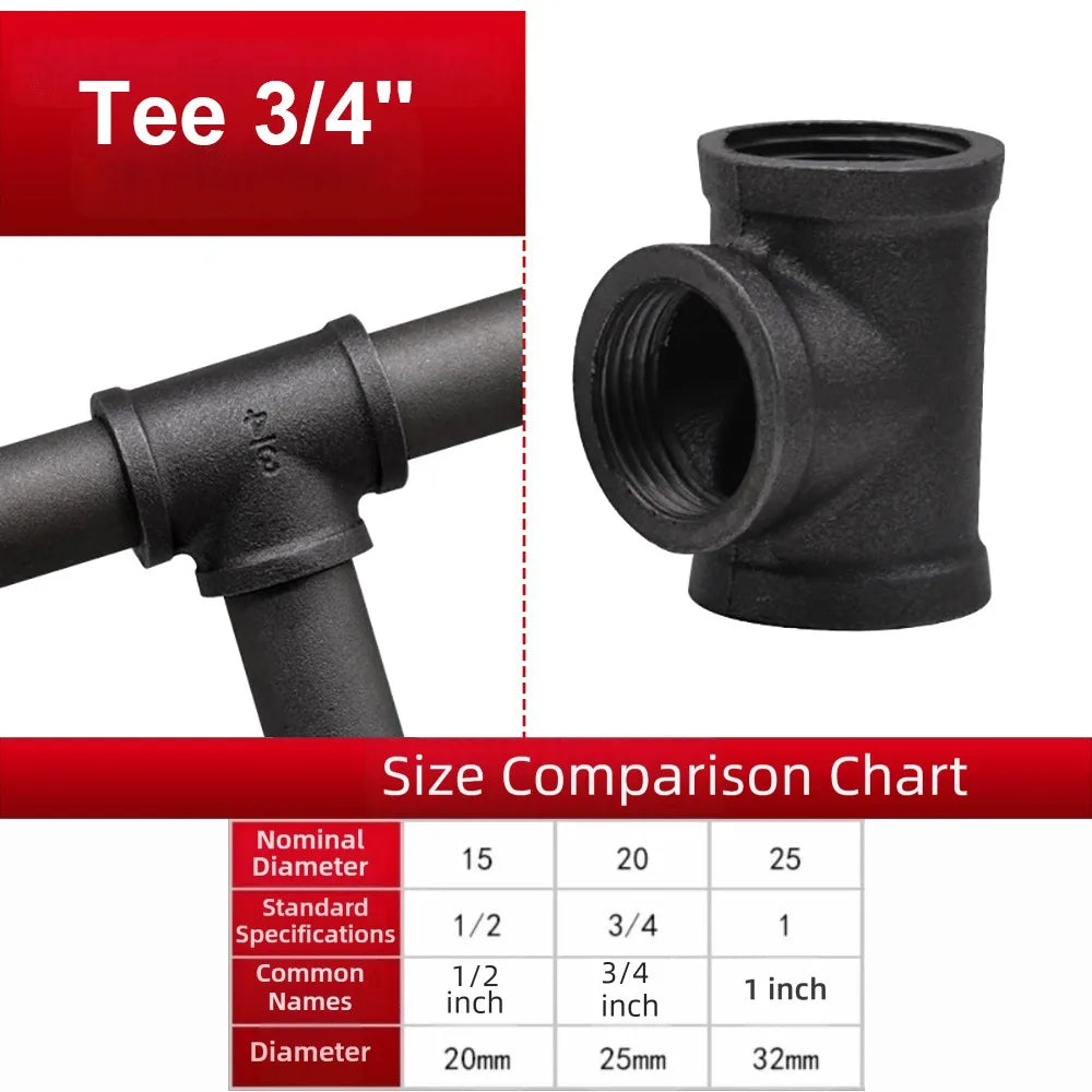 New Black Pipe Fittings Malleable Iron Elbow Plumbing Pipe Joint 1/2'' 3/4'' 1'' Threaded Pipe Connection Oasis Select Tee 3-4-- 16mm