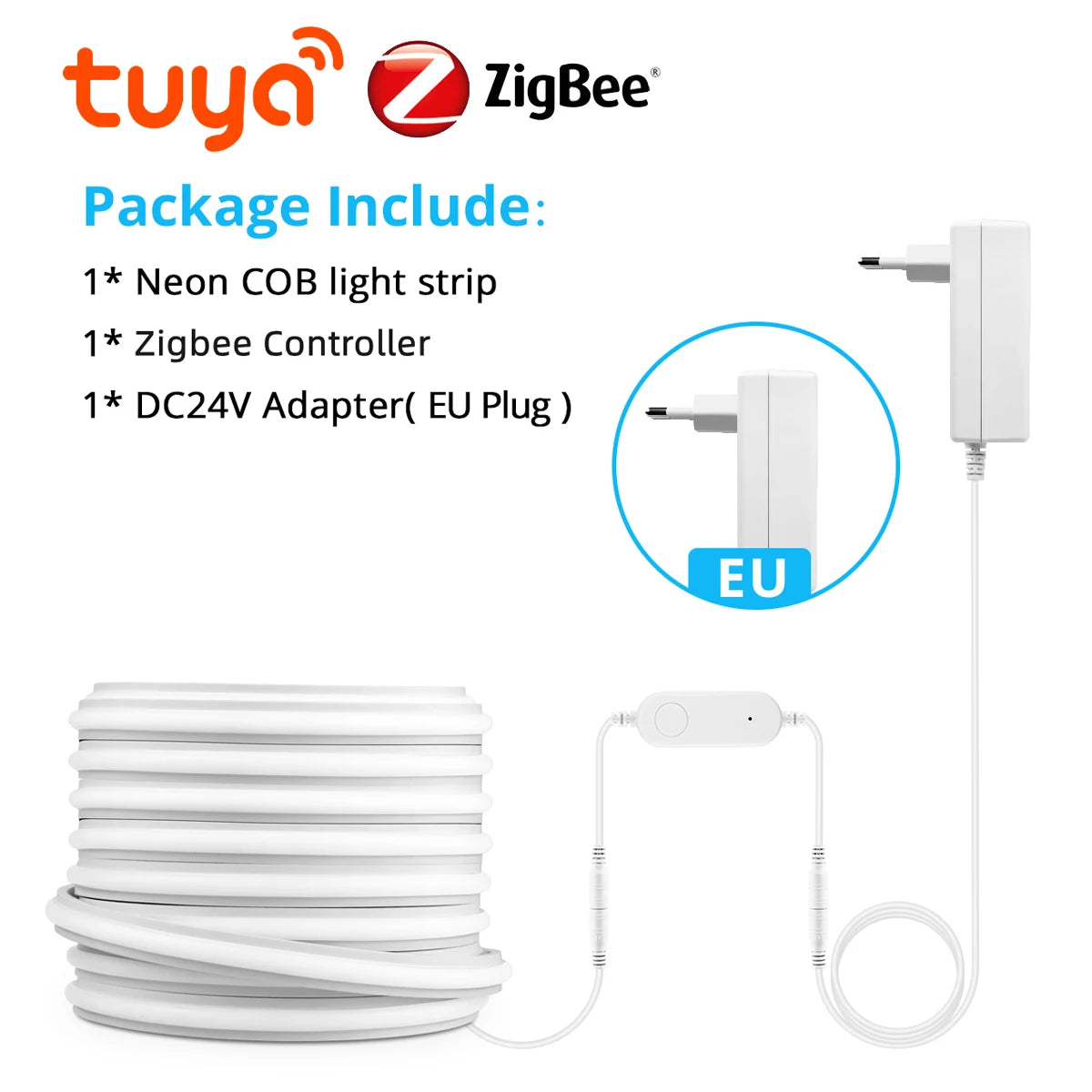 10M 5M 3M Dimmable LED Neon Light with Intelligence Zigbee3.0 Controller 24V Fireproo Silicone COB Lamp for Alexa Google Voice Oasis Select European Power Plug Natural White 10m