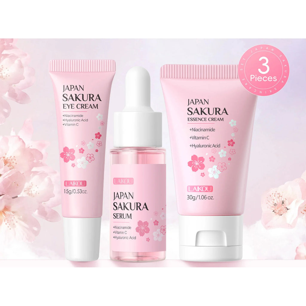 LAIKOU Sakura 3Pcs Facial Kit Face Cream Serum Eye Cream Hydrating Moisturizing Soothing Mini Travel Skincare For Women Gift Oasis Select 3 PCS Set
