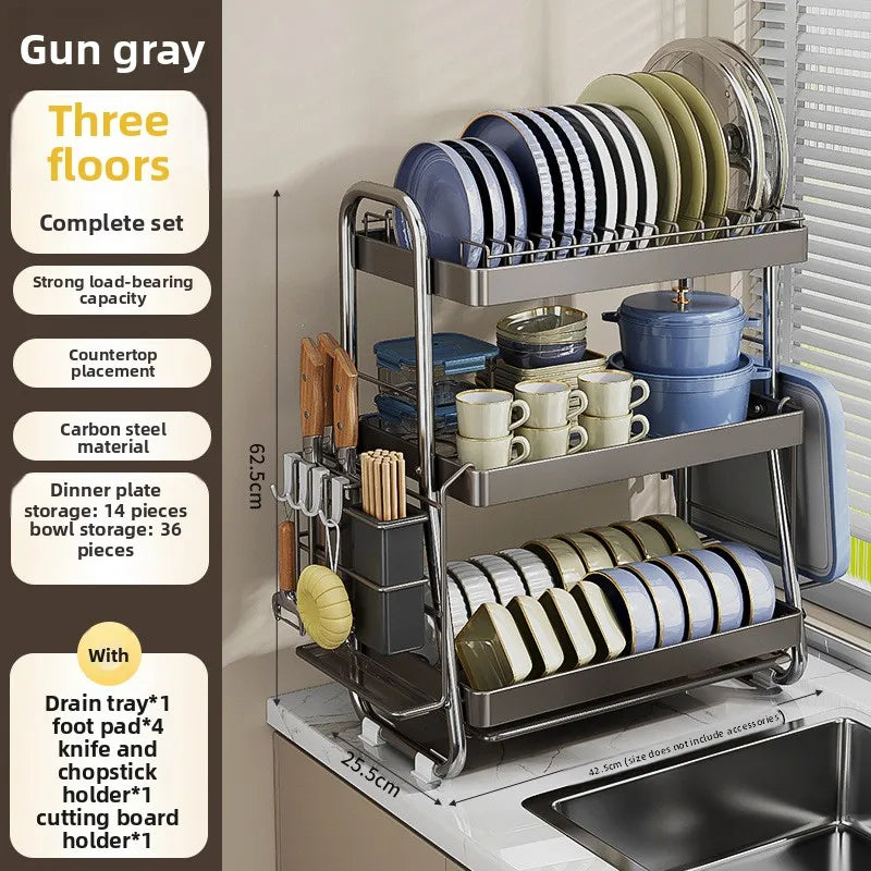 Kitchen Bowl Rack Drain Rack Stainless Steel Tableware Plate Storage Shelf Milk White Household Multifunctional Countertop Oasis Select Grey 3 layer TZ