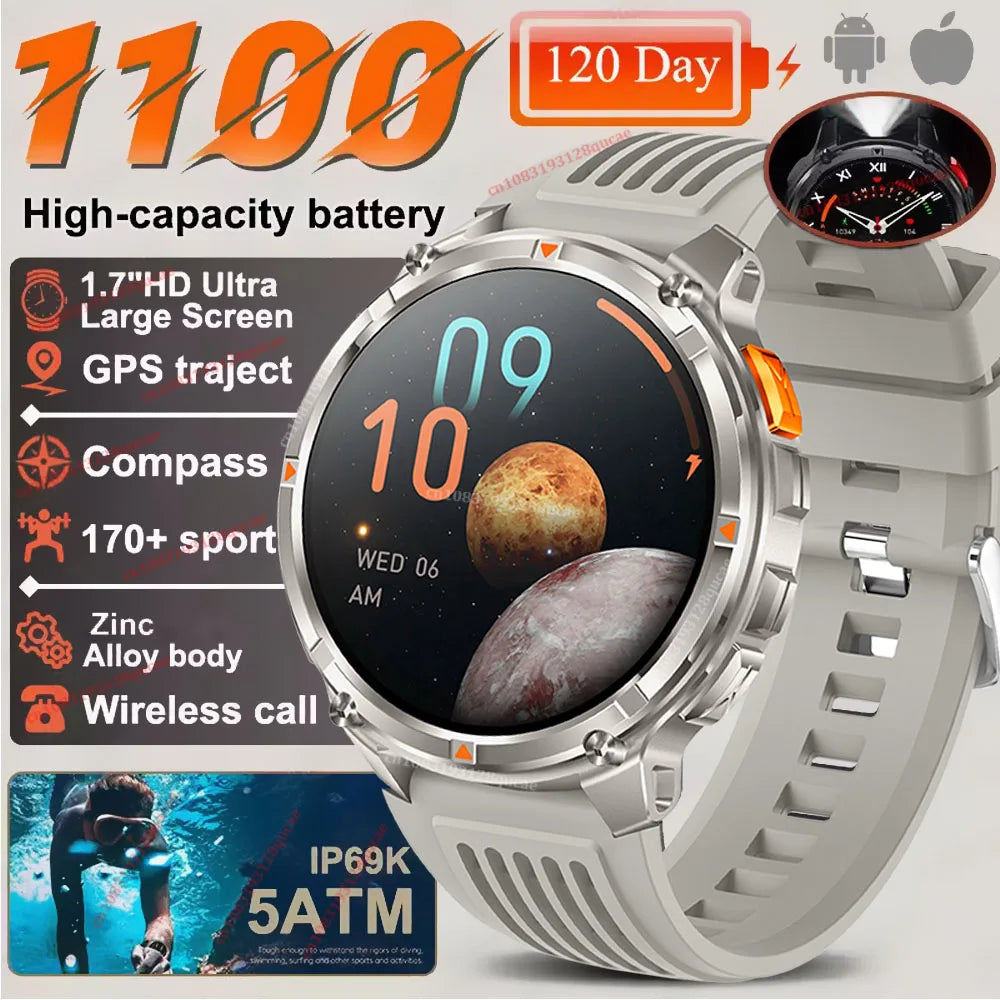 Ola Esporte Military Smartwatch 1.7" AMOLED GPS LED Flashlight