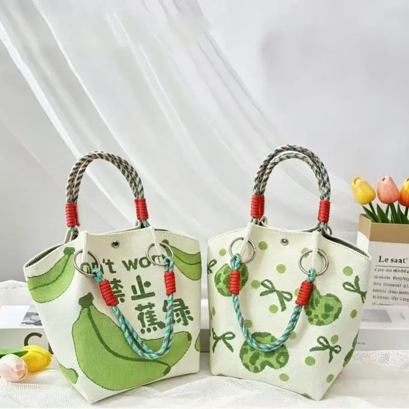 Women's Vintage Knit Tote Bag Storage Bag Lightweight With Metal Rings Snap Closure For Casual Travel Handbag Oasis Select