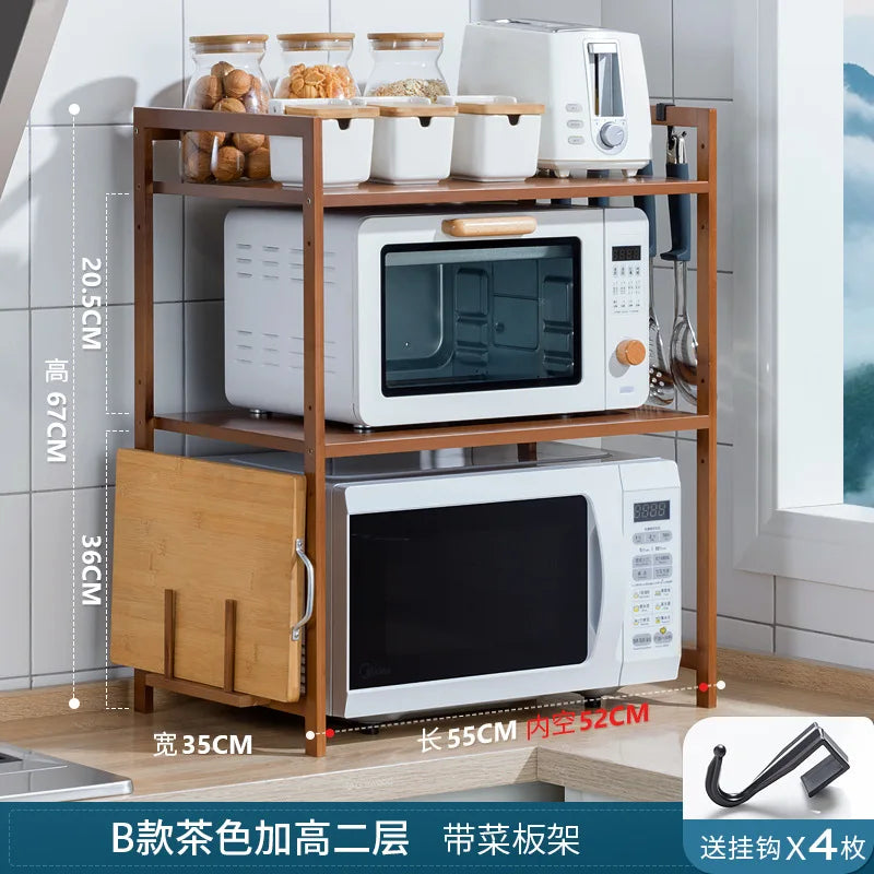Kitchen Shelf Countertop Double Microwave Shelf Desktop Seasoning Oven Storage Rack Bamboo Solid Wood Oasis Select B second floor