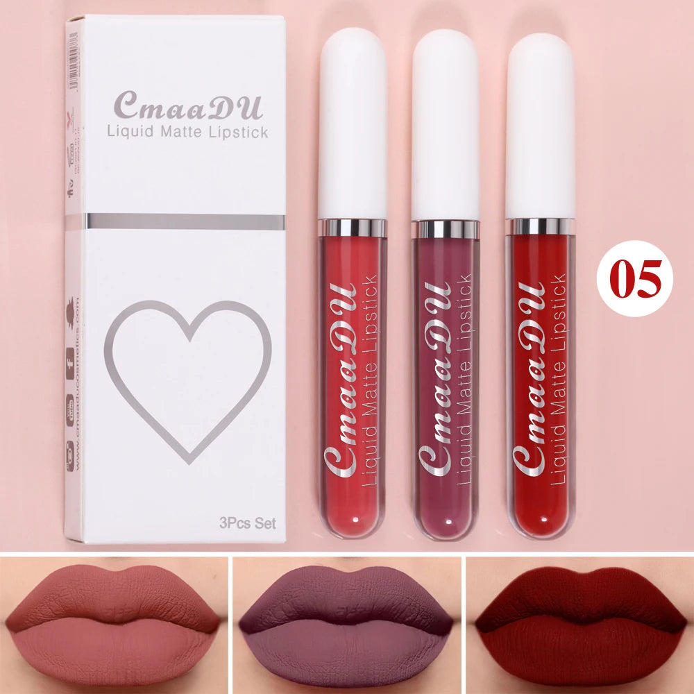 3 Pcs Matte Lipstick Lip Gloss Sets Long-Lasting Non-Fading Waterproof Non-stick Cup Exquisite Gift Everyday Holiday Universal Oasis Select 05