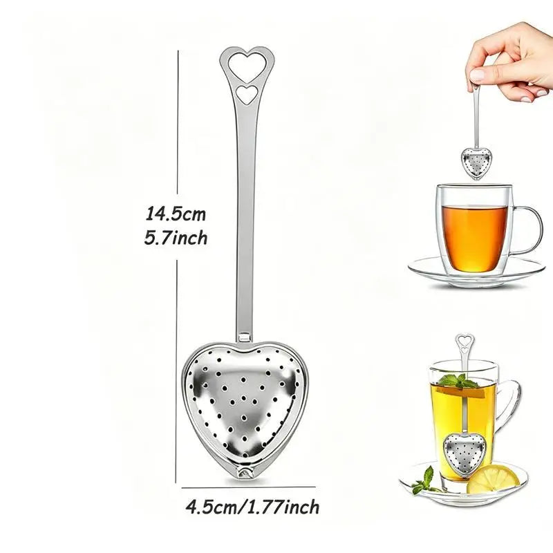 1Pc Heart Shaped Tea Strainer Fine Leakproof Holes Long Handle Portable Filter for Business Trip Loose Leaf Tea Use Oasis Select Silver