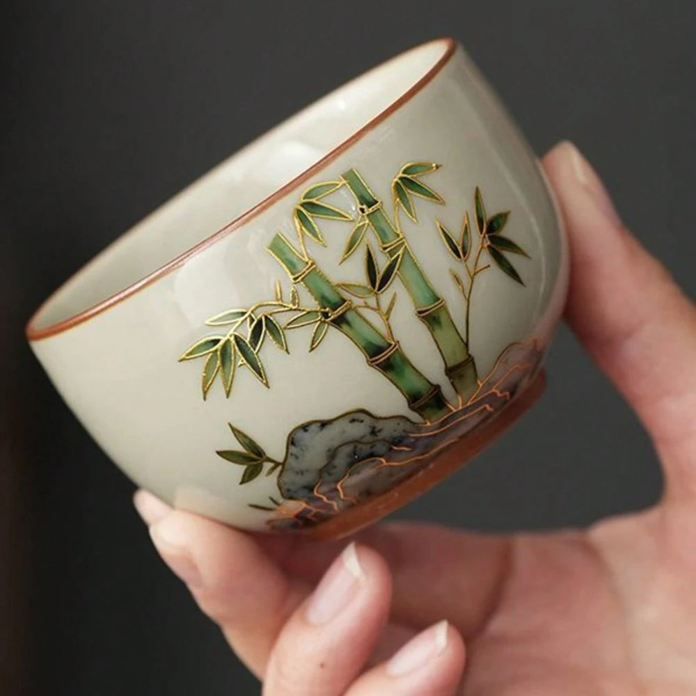 Bamboo Pattern Gold Rim Ceramic Tea Cups Hand-Painted Small Gongfu Teacups Premium Stoneware Drinking Cups for Home Office Gifts Oasis Select
