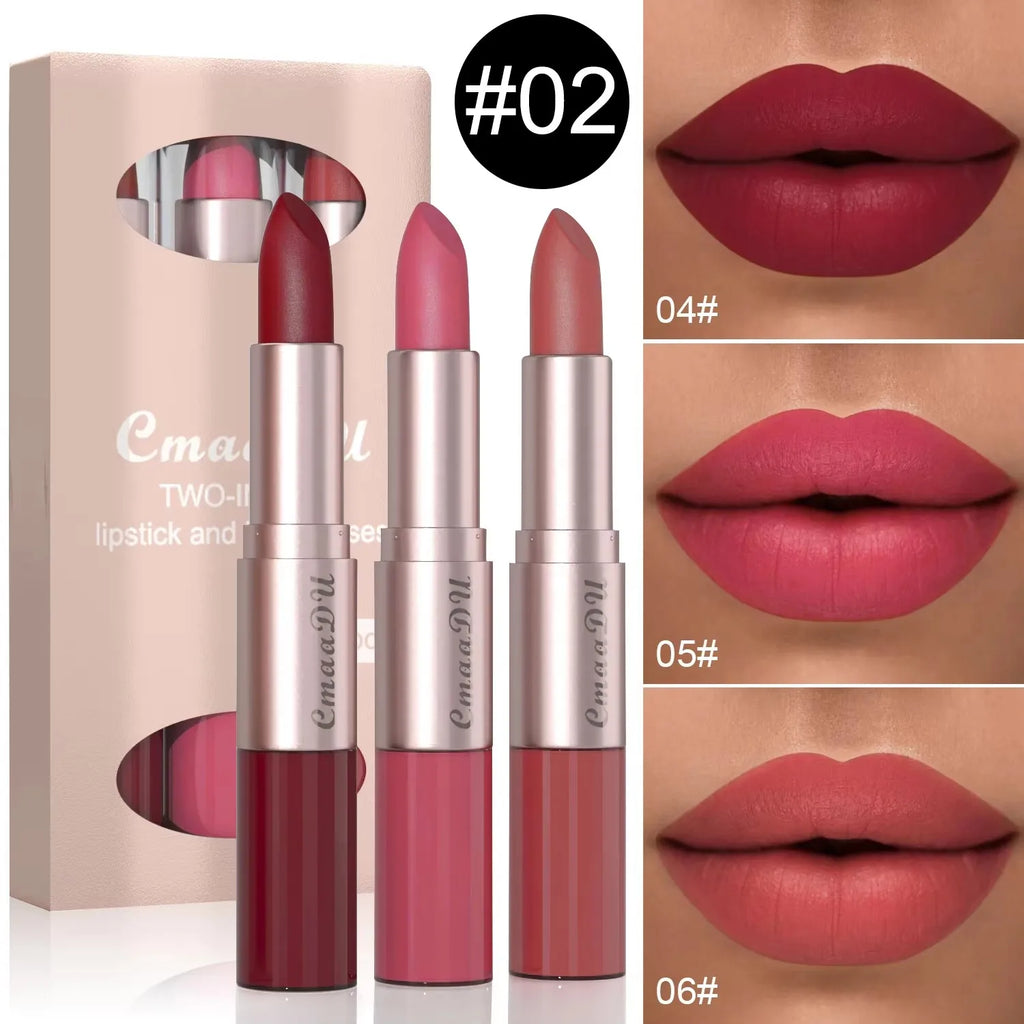 3 Pcs Long-Lasting Lipstick Lip Gloss Set-Double Headed Design for Natural Non-Fading Waterproof Non-stick Cup Exquisite Gift Oasis Select 02