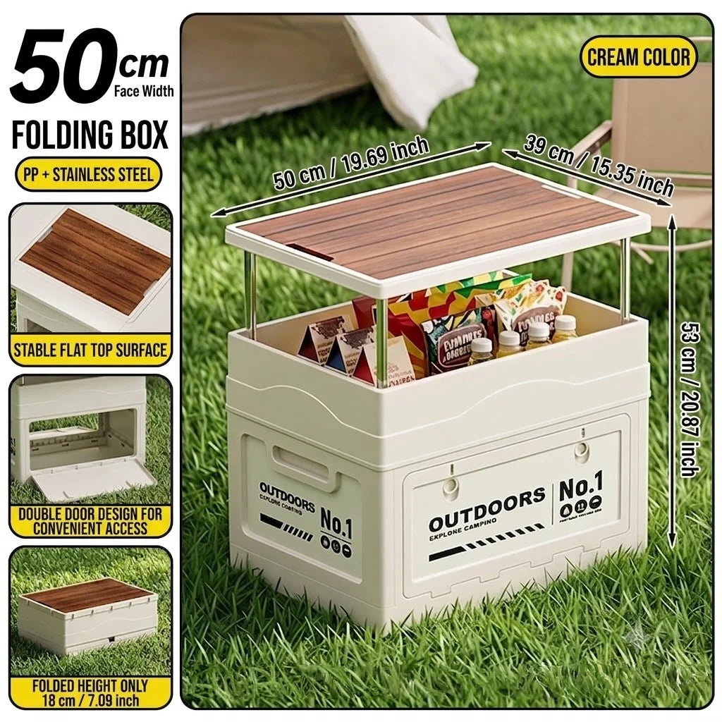 Large-capacity wooden cover foldable storage box for outdoor camping storage box table integrated vehicle camping trunk Oasis Select white