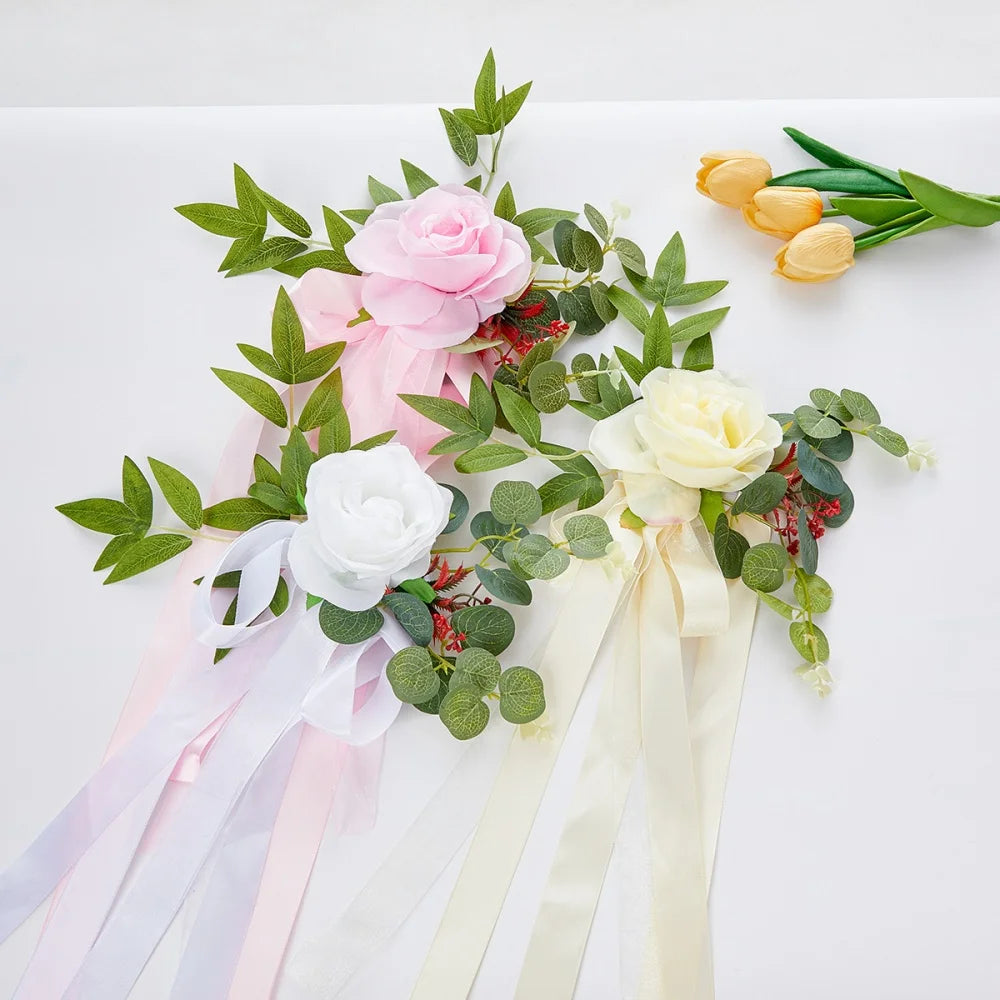 1pcs Wedding Aisle Decoration Pew Flowers with Artificial Rose Eucalyptus Ribbon for Wedding Ceremony Church Chair Decor Oasis Select