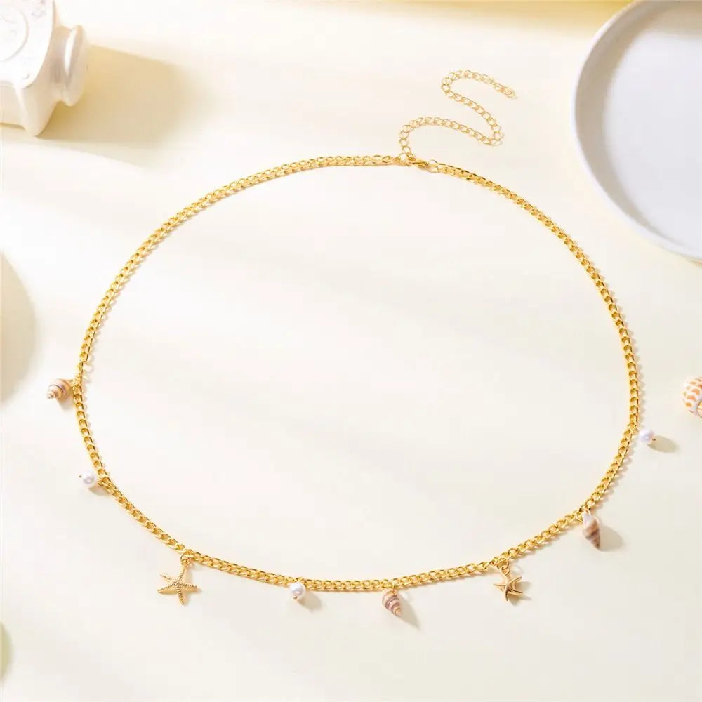Vacation Bohemian Starfish Necklace Exaggerate Tassel Pendant Waist Chain Pearl Conch Shell Bracelet for Women Oasis Select