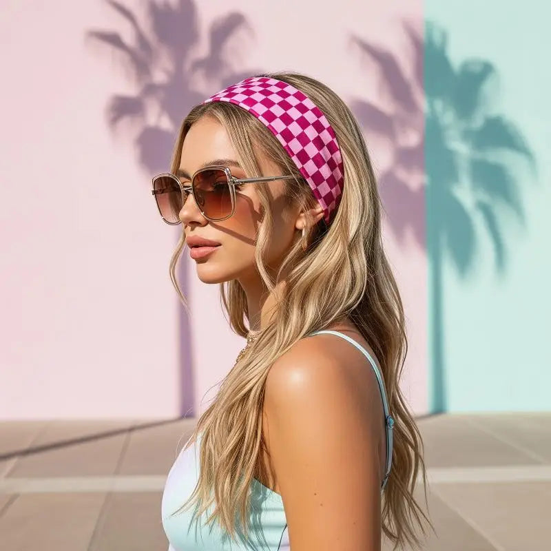 1PC Checkerboard Elastic Headbands For Women Fashionable Sports Sweat-Absorbent Hairbands For Yoga Fitness & Daily Makeup Use Oasis Select