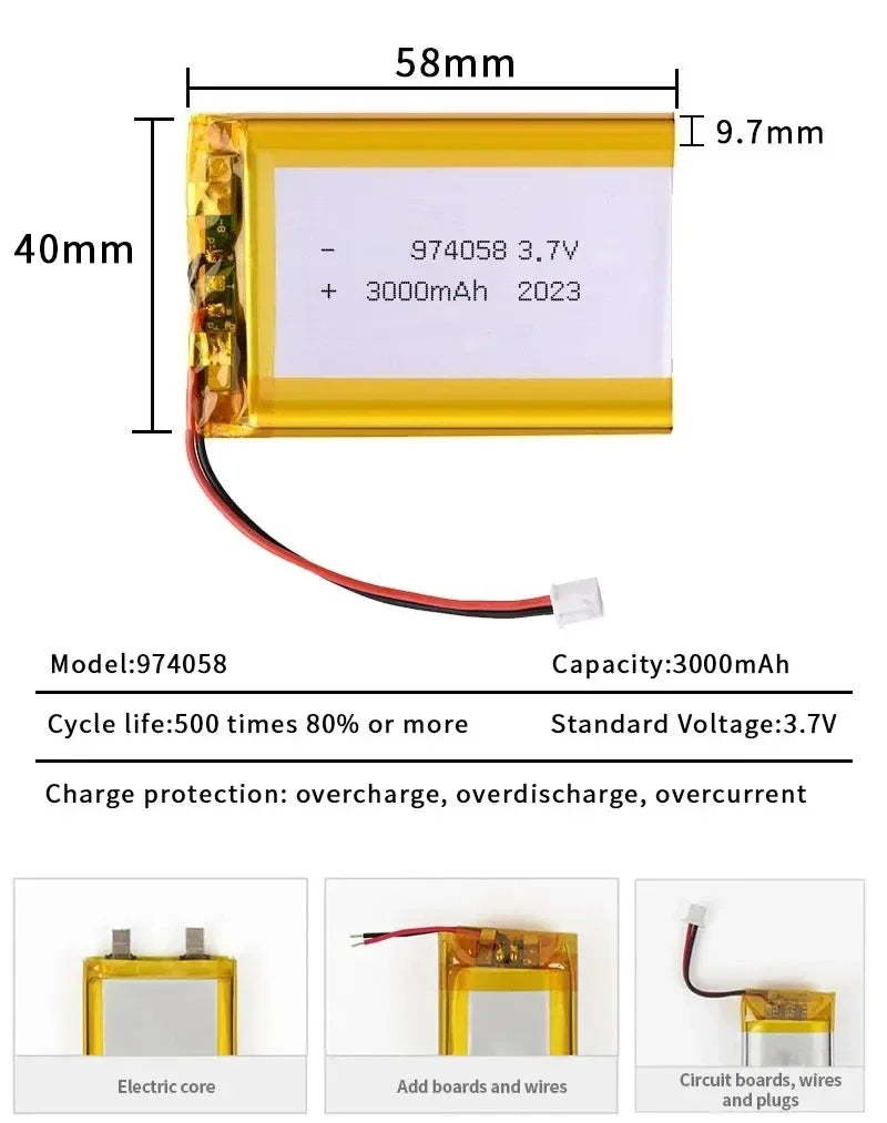 974058 3.7V 3000mAh Lipo Battery Lithium Polymer Batteries for Massage Meter GPS Navigator Aeromodelling Rechargeable Cell PH2.0 Oasis Select