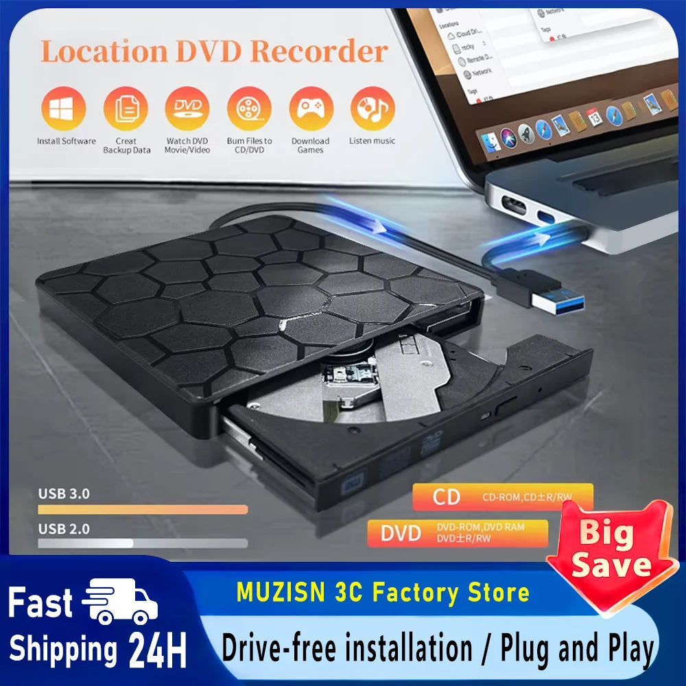 2 in 1 External DVD RW Drive USB 3.0 Type C Interface Slim DVD CD Writer Burner Reader Player Optical Drive For Laptop Notebook Oasis Select