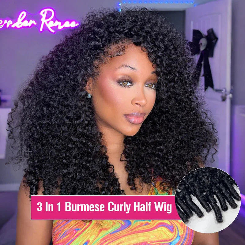 300 Density Burmese Curly Human Hair Wigs For Women 4C Afro Kinky Culry 3 IN 1 Half Wigs Human Hair Wigs 100% Human Hair On Sale Oasis Select