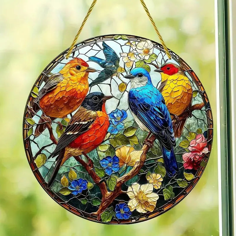 NEW Acrylic Painted Hummingbird Pendant Bird Floral Pattern Suncatcher Round Wreath Porch Window Outdoor Patio Hanging Ornaments Oasis Select