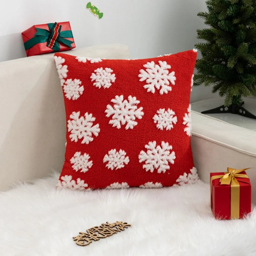 Christmas Throw Pillow Cover Christmas Tree Snowflake Elk Jacquard Plush Pillow Case Holiday Decor New Year's Home Cushion Case Oasis Select Red 3