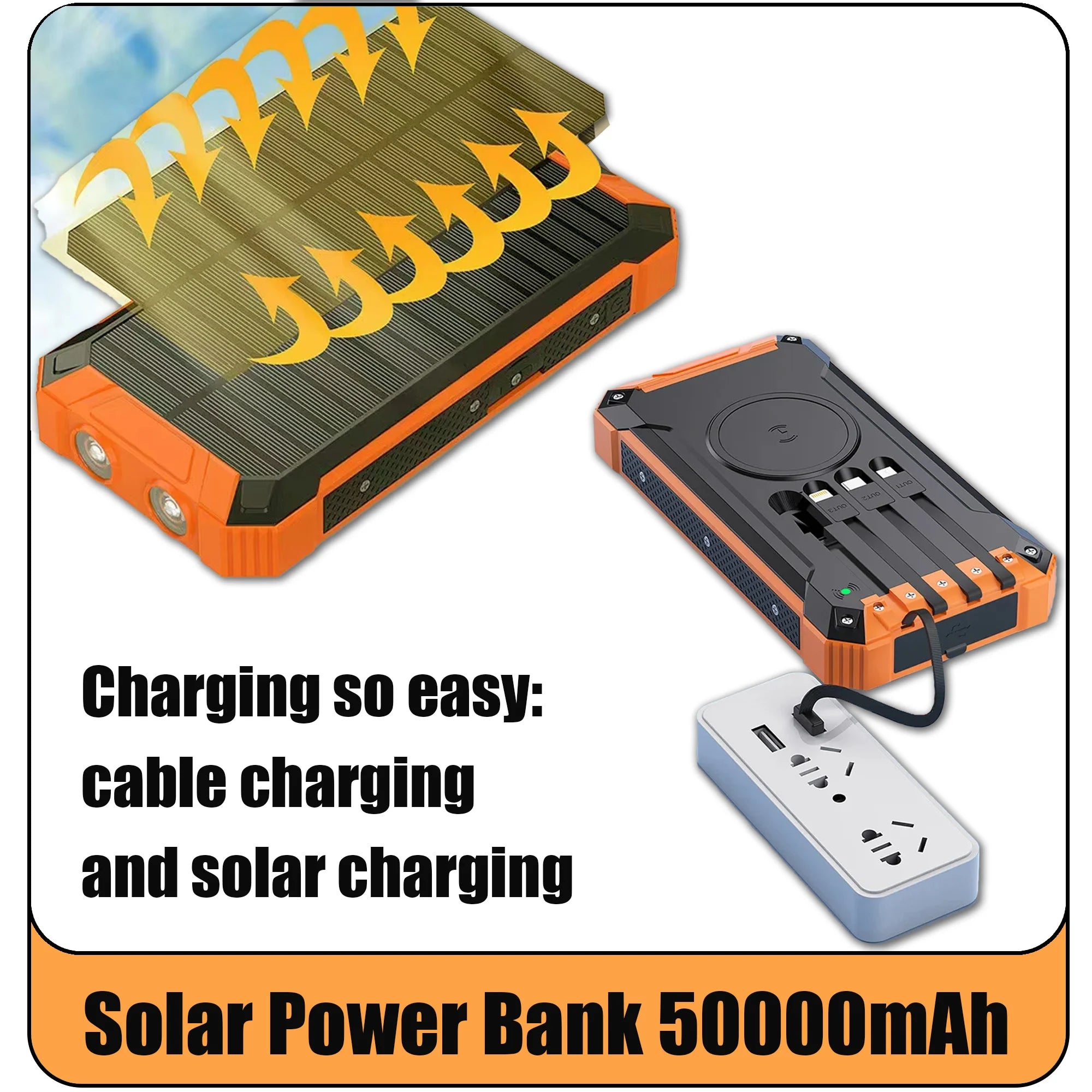 50000mAh Solar Power Bank – Wireless Charging & 4 Built-In Cables