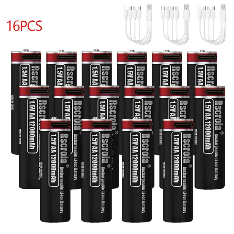 1.5V AA Rechargeable Lithium Battery 12000mAh with Type-C Cable, Stable Output for Camera, Mouse, Toys, Flashlight Oasis Select 16 PCS AA Batteries