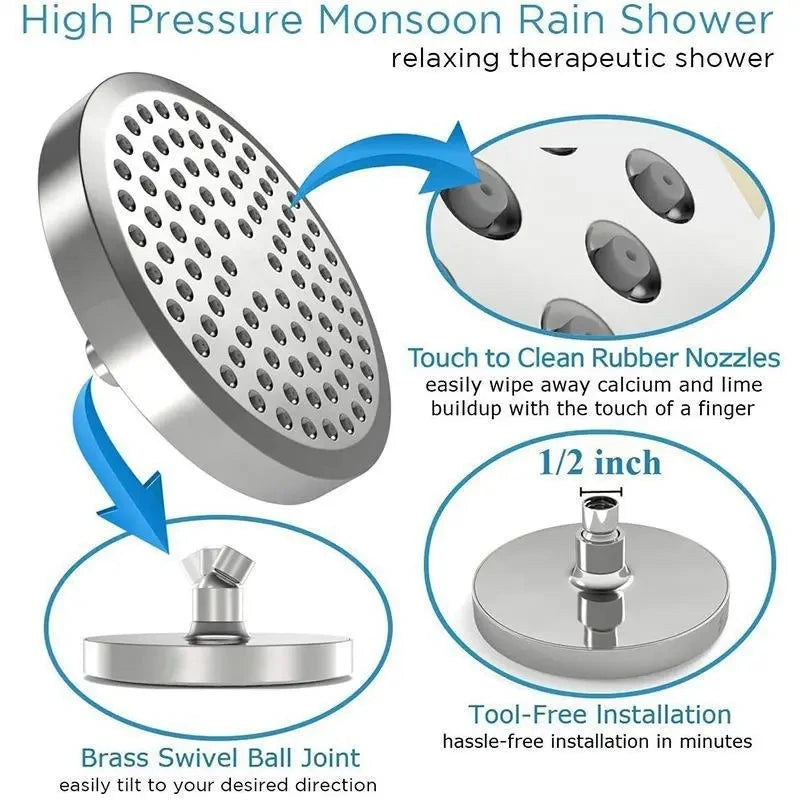 New 6 inches High Pressure Rain Shower Head with Arm 1min Installation Polished Chrome Rainfall Showerhead Anti-Clogging Nozzles Oasis Select