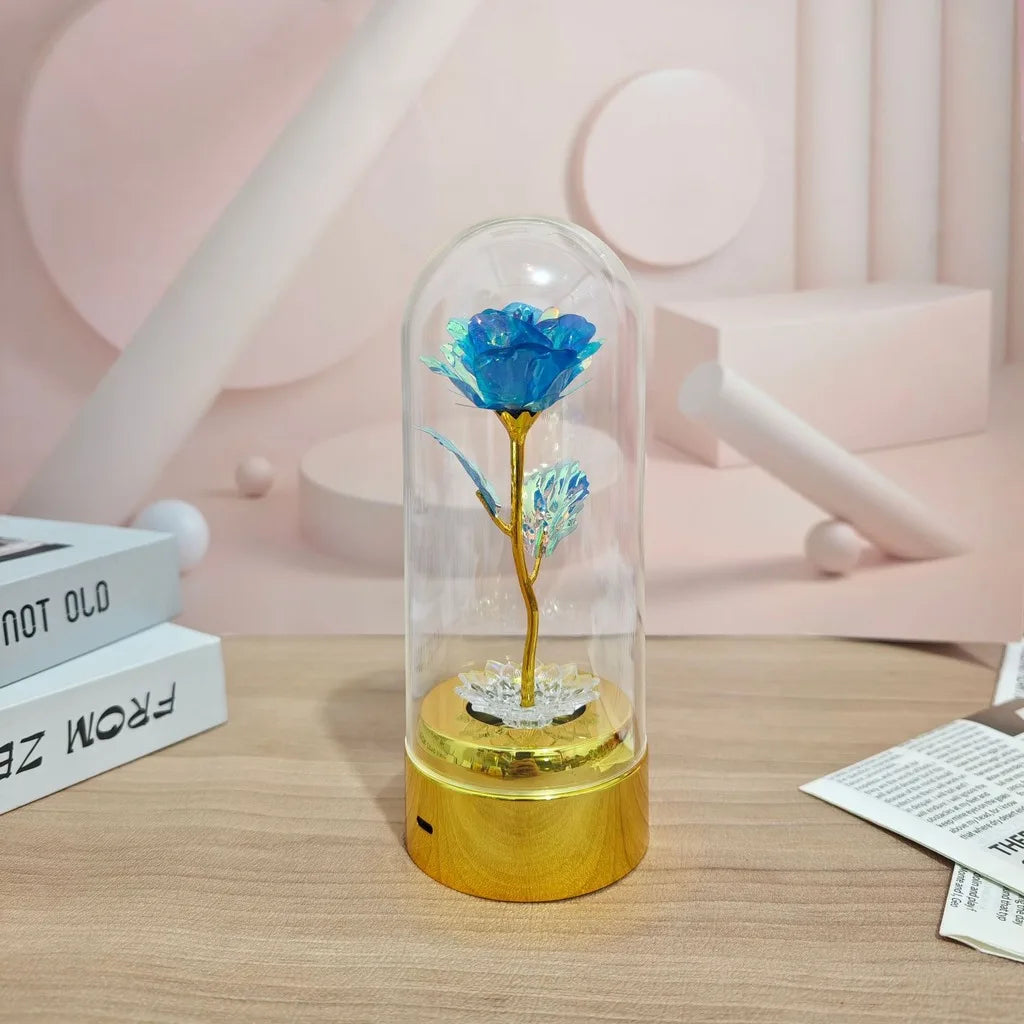 Never Beauty and the Beast Rose with Rose in Clear Dome with Led Light Powered by Battery Gift for Birthday Wedding Valentines Oasis Select Blue