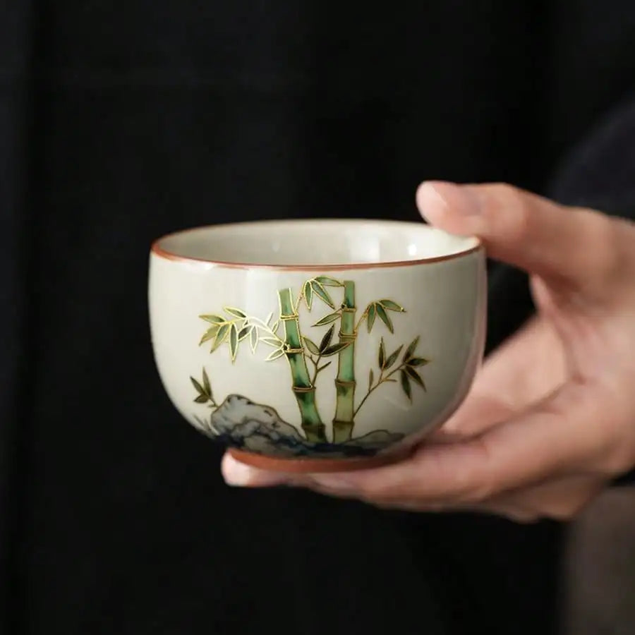 Bamboo Pattern Gold Rim Ceramic Tea Cups Hand-Painted Small Gongfu Teacups Premium Stoneware Drinking Cups for Home Office Gifts Oasis Select