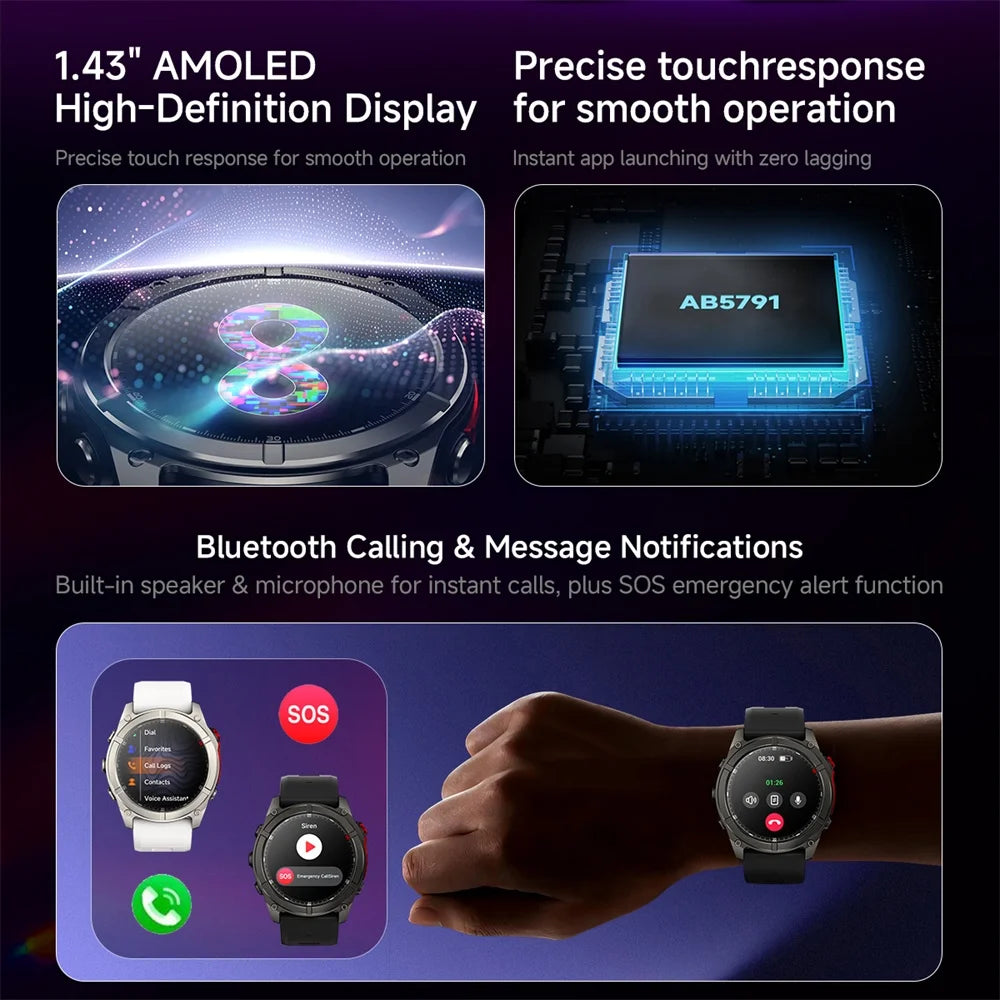 1.43 AMOLED Screen Compass Smart Watch Men Outdoor Flashlight ChatAI-GPT Sports Health Smartwatch SOS Waterproof Call Bracelets Oasis Select