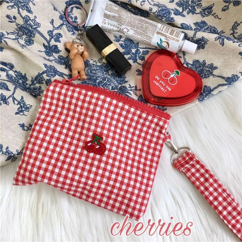 Embroidered Cherry Canvas Cosmetic Bag | Zipper Travel Makeup Pouch