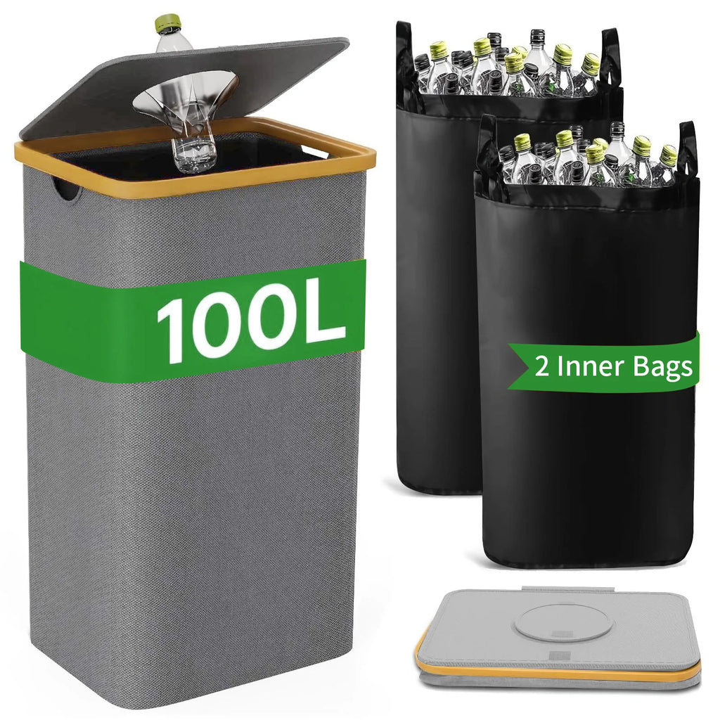 Large-capacity storage box with inner bag, foldable, for bottles, clothes, toys, recyclable waste, laundry basket, 24/100L Oasis Select Gray -2 inner bag