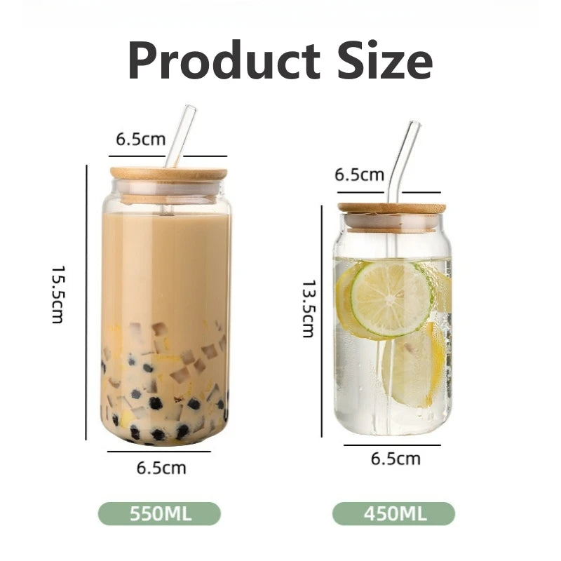 450ml/550ml Glass Cups with Bamboo Lids and Straw 1pc Mason Jars Coffee Mug Beer Can Shaped for Cocktail Milk Juice Cola Gift Oasis Select