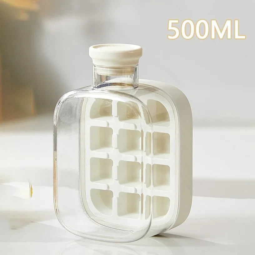 500/800ml 2in1 Ice Cube Tray with Water Bottle Press Type Portable Ice Maker High Capacity Ice Mold for Home Kitchen Summer Use Oasis Select White-600ml