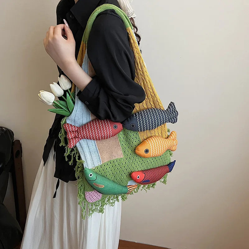 Tassel Decor Knit Shoulder Tote Bag Large Capacity Yarn Woven Handbag Classic Splicing Style All-match Bag for Women Daily Use Oasis Select
