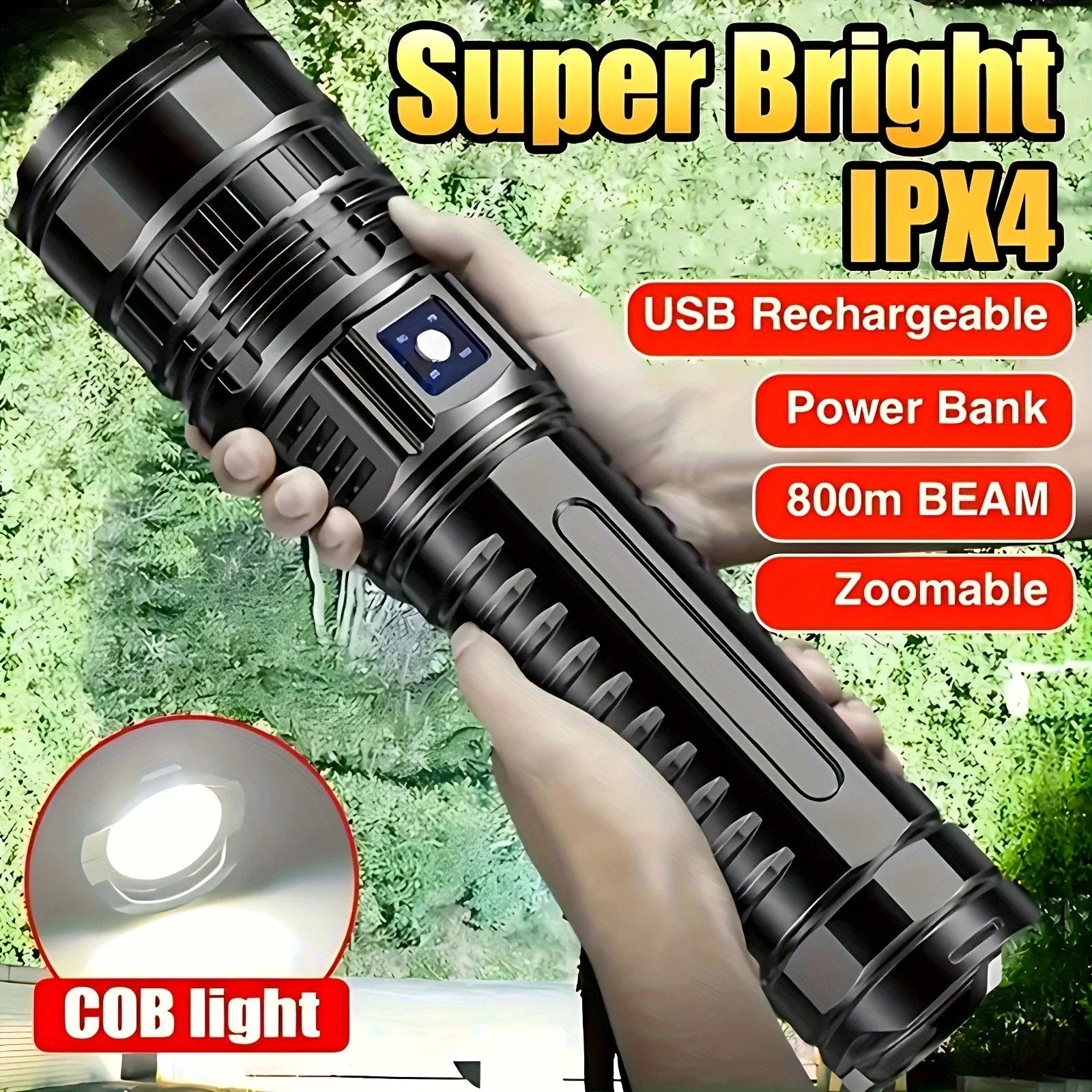 Powerful LED Flashlight Rechargeable Tactical Flashlight with 5 Modes Waterproof Zoomable Flashlight for Camping Emergency Oasis Select