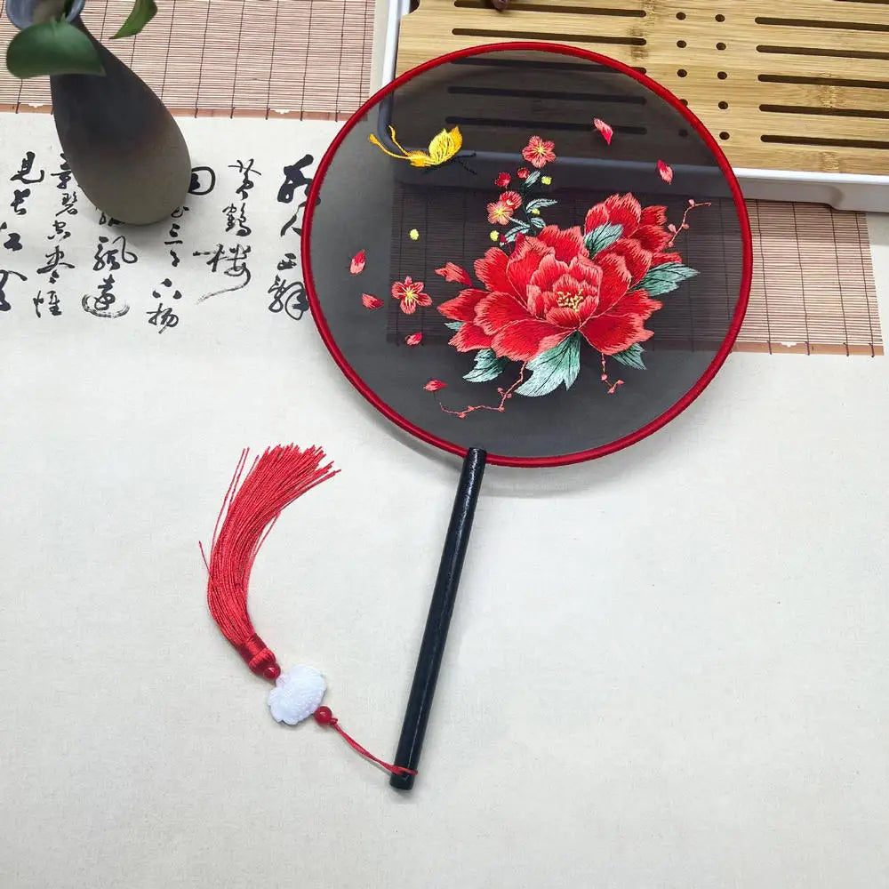China Fan Wholesale Semi-Transparent Long Handle Tassel Dance Fan Female Costume Hanfu Cheongsam Embroidery Small Round Fan Oasis Select Black