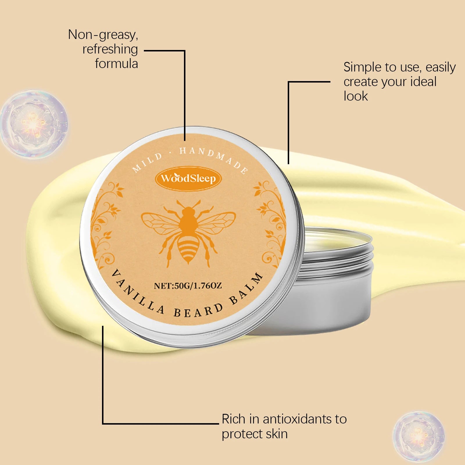 Natural Vanilla Beard Balm Men Styling Beard Care Cream Long Lasting Shape Nourishing Antioxidant Non Greasy Portable Gift 50g Oasis Select