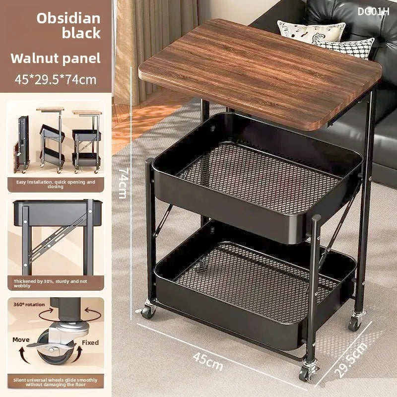 Strictly selected folding movable trolley rack bedroom snack storage with wheels sofa side few bedside bedside table Oasis Select Black A