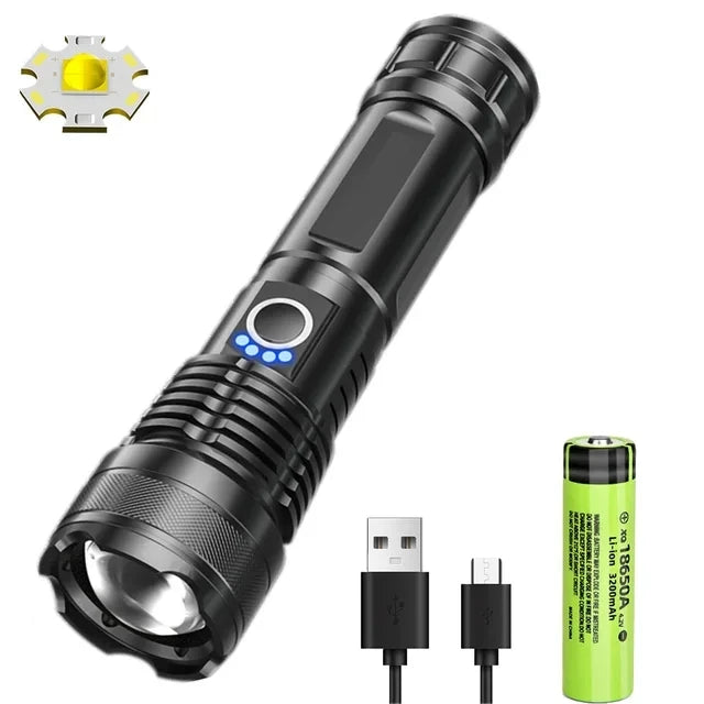 20000LM Most Powerful LED Flashlight Super Bright Long Range Torch Type-C Charging Tactical Flashlight With Power Display Oasis Select P50LED 18650 battery
